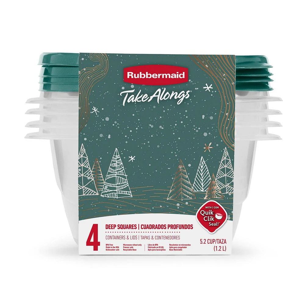 Rubbermaid TakeAlongs Food Storage Containers, 5.2-Cup Deep Square, Holiday Blue Spruce, 4-Pack, 1.2 L containers