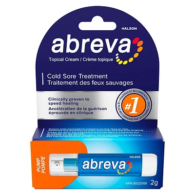 Abreva Cream Pump Cold Sore Treatment, Heals your cold sore in 4.1 days, Contains docosanol to protect healthy cells against the virus, 2g, 2 g