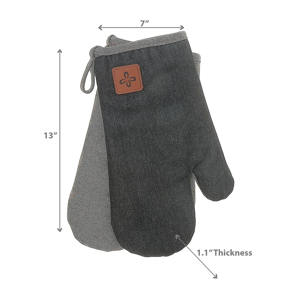 2 PC Black Denim Oven Mitt With Leather Badge