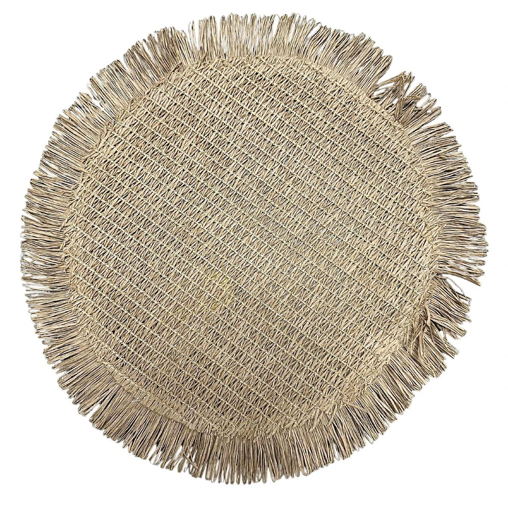 Woven Round Placemat With Fringes Beige 15 X 15 - Set of 12