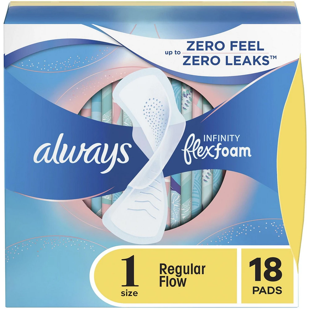 Serviettes Always Infinity, flux régulier, avec ailes, pour femmes, taille 1, non parfumées, 18 serviettes