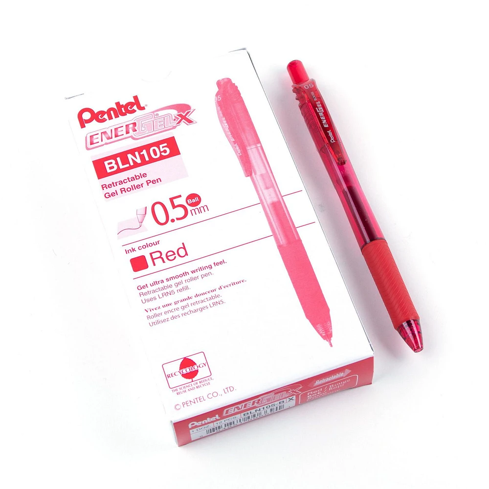 Pentel EnerGel X Retractable Liquid Gel Rollerball Pen, 0.5mm Fine Needle Point, Red Ink, Box of 12