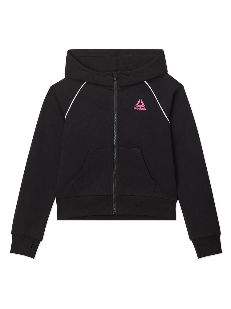 Reebok Girls "Starter" Zip-Up Cropped Hoodie with Piping and Pockets, Sizes 4-16