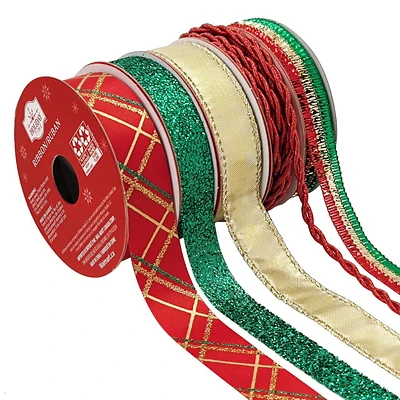 Holiday Time Red Green Gold Metallic Tower Ribbon 45 feet