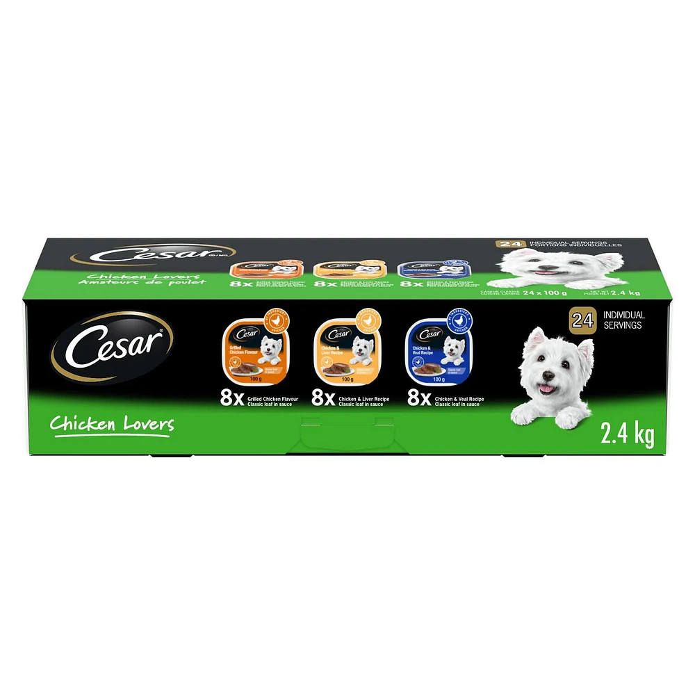 Cesar Adult Classic Loaf In Sauce Chicken Lovers Variety Pack Soft Wet Dog Food, 24x100g