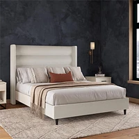 Novogratz Louis Upholstered Bed Frame with High Tufted Headboard, Queen, Textured Ivory Canvas