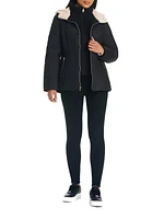 Details Women's Zip Front Bib With Faux Sherpa Hood Puffer Jacket