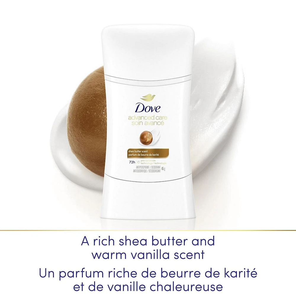 Antisudorifique désodorisant pour femme Dove Soin Avancé Parfum de Beurre de Karité avec technologie pro-céramides pour une peau douce et résistante 45g
