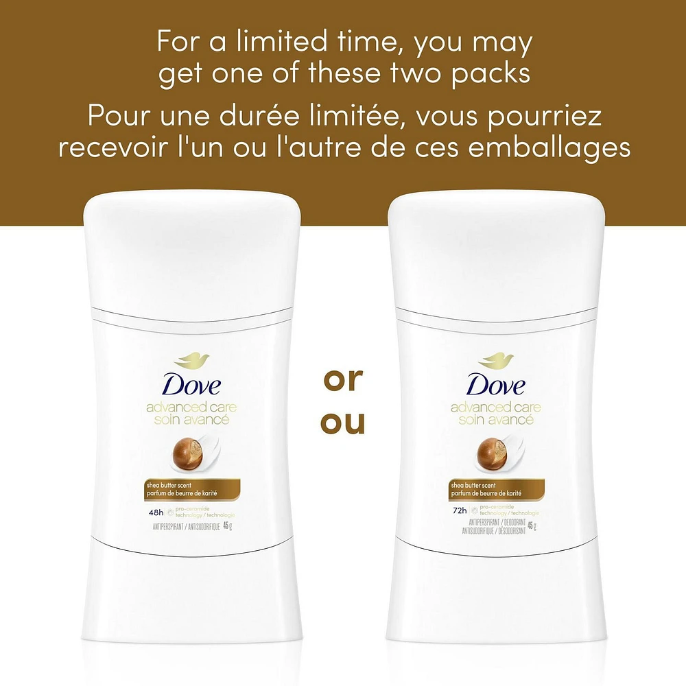 Antisudorifique désodorisant pour femme Dove Soin Avancé Parfum de Beurre de Karité avec technologie pro-céramides pour une peau douce et résistante 45g