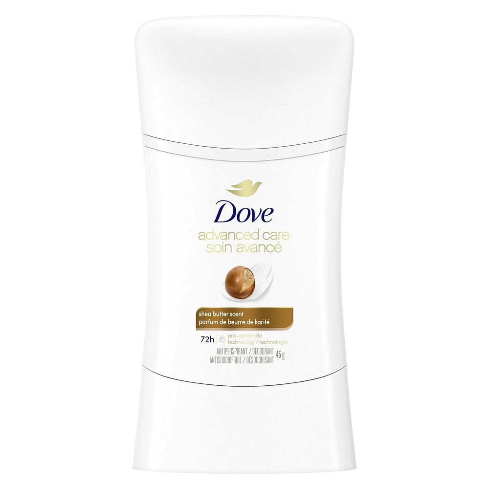 Antisudorifique désodorisant pour femme Dove Soin Avancé Parfum de Beurre de Karité avec technologie pro-céramides pour une peau douce et résistante 45g