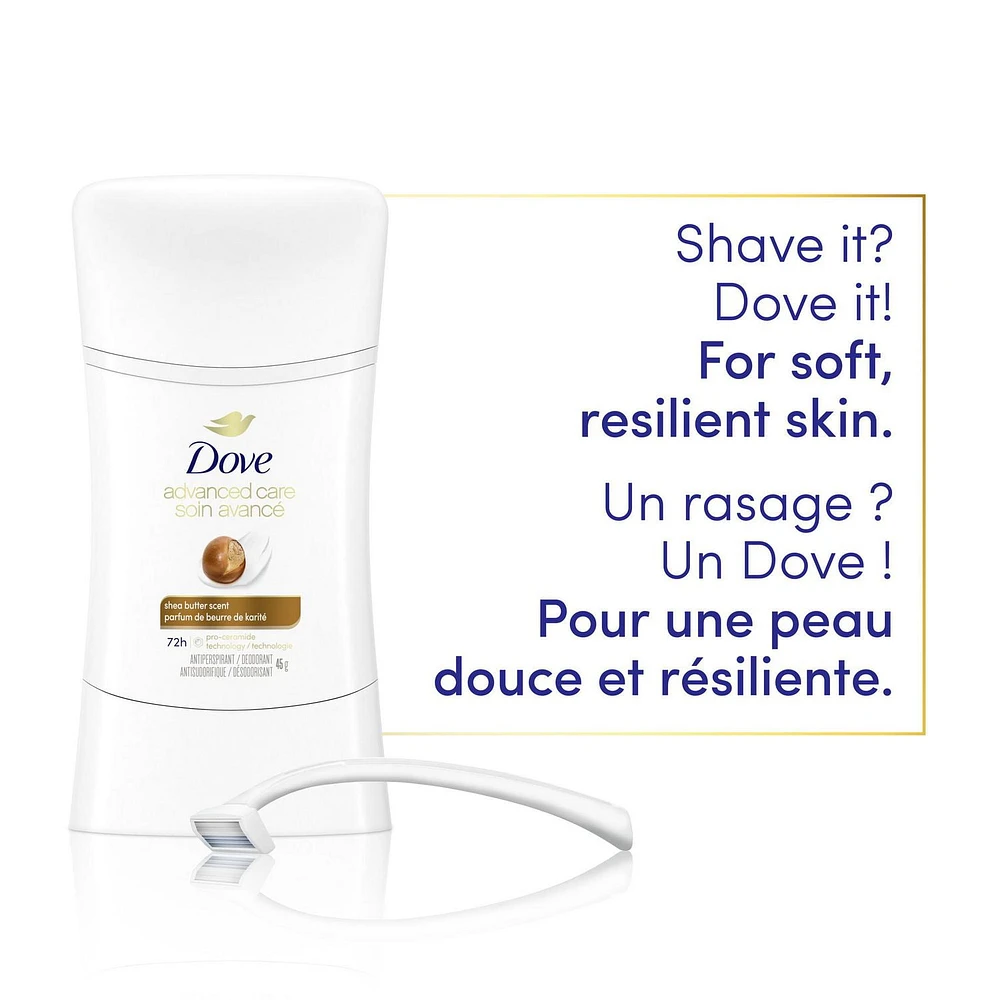 Antisudorifique désodorisant pour femme Dove Soin Avancé Parfum de Beurre de Karité avec technologie pro-céramides pour une peau douce et résistante 45g