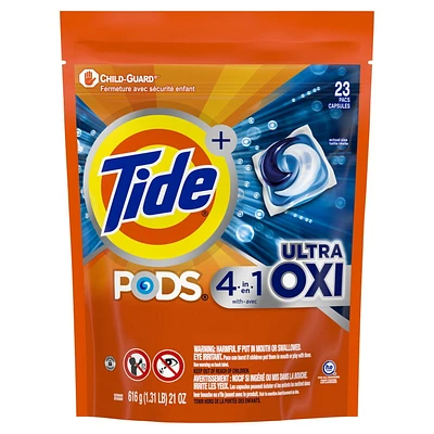 Tide 4-n-1 Ultra Oxi PODS Laundry Detergent Pacs, HE Compatible, Built in Pre-treater for Stains, 23CT