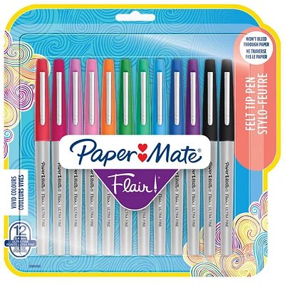 Feutres à pointe ultra-fine (0,4 mm) Paper Mate Flair, couleurs assorties, 12 pièces Marqueurs à pointe feutre