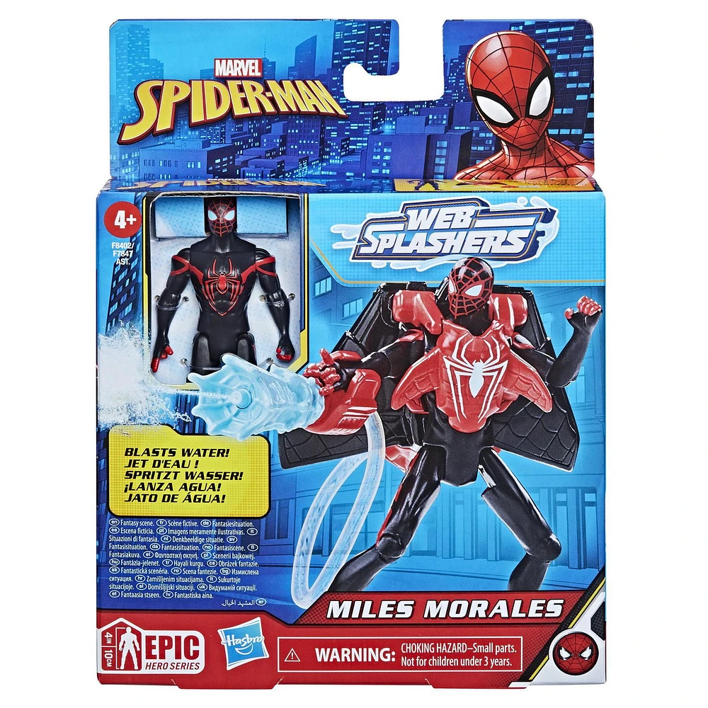 Marvel Spider-Man Aqua Web Warriors, figurine Miles Morales de 10 cm avec accessoire à jet d'eau réutilisable