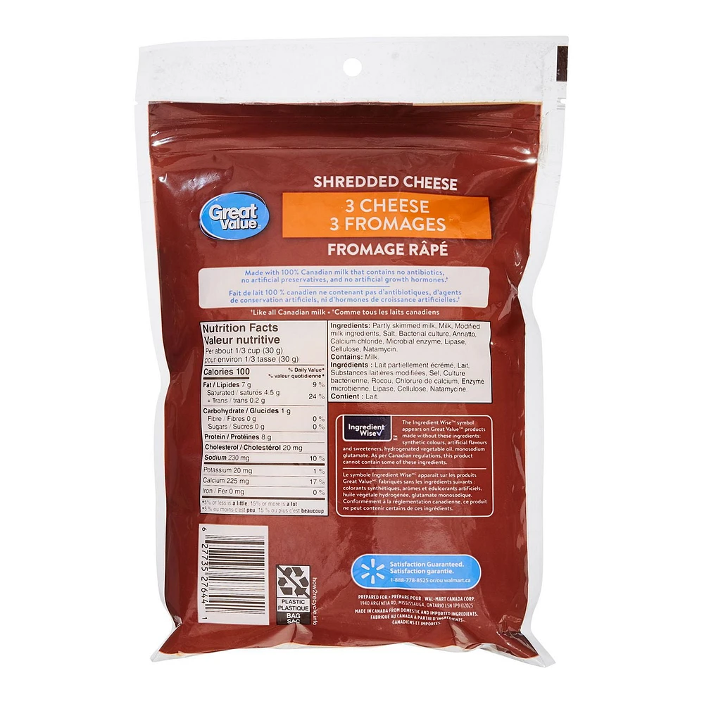 Fromage râpé 3 fromages Great Value 320 g