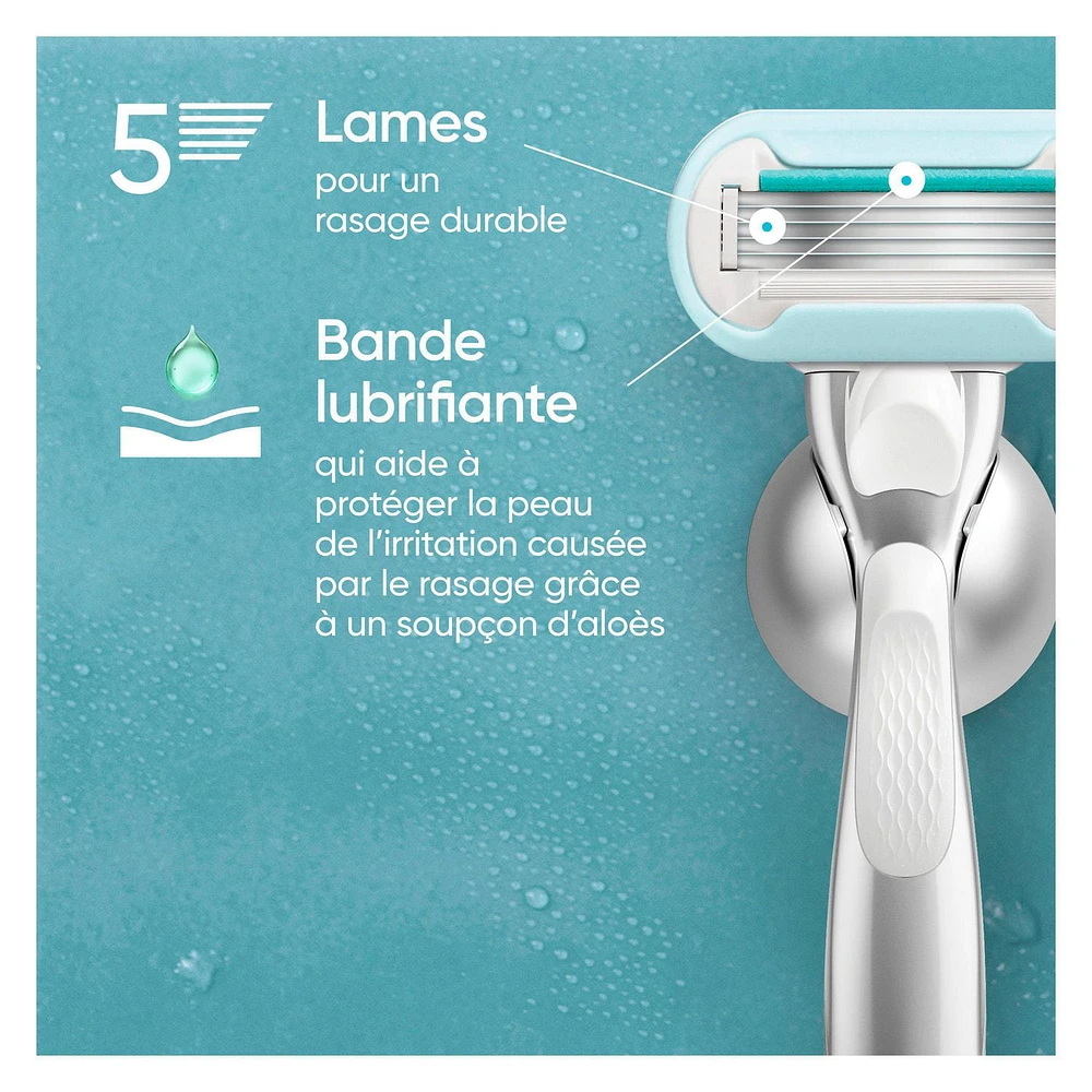 Cartouches de rechange de rasoir Gillette Venus Extra doux Sensible pour femmes pour peau sensible, cartouches de rechange à 5lames, 6unités 6CT