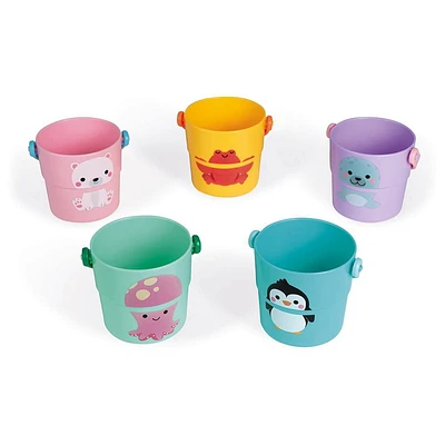 Janod - 5 Activity Buckets - Bath Toys - Early-Development - for Boys and Girls - from 10 Months + - Multilingual