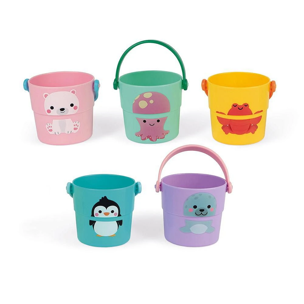 Janod - 5 Activity Buckets - Bath Toys - Early-Development - for Boys and Girls - from 10 Months + - Multilingual