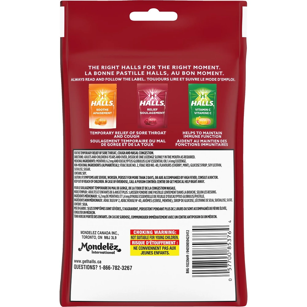 HALLS, pastilles à saveur de cerise, pastilles, apaisent le mal de gorge, mentho-lyptus 30 pastilles