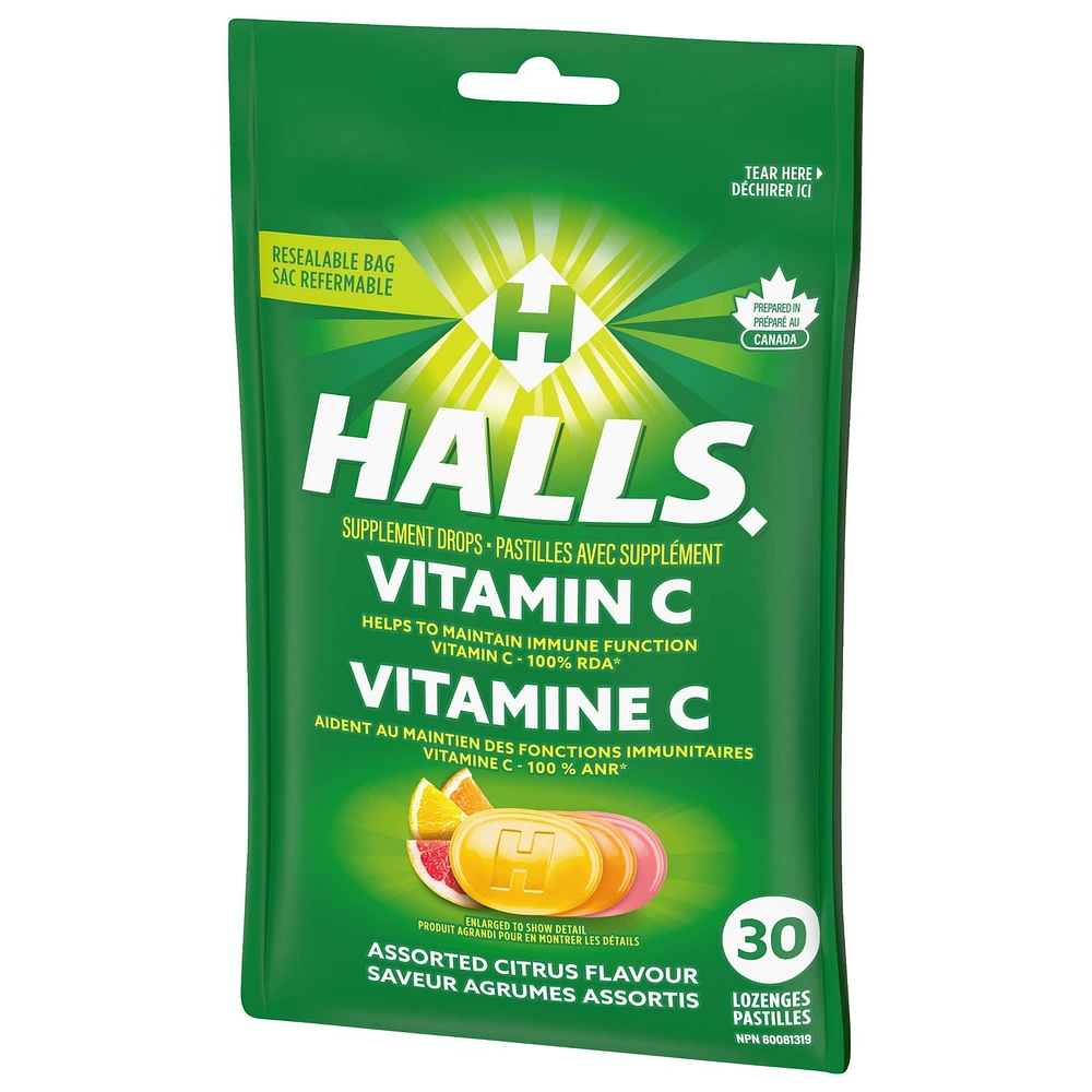 HALLS, Vitamine C, agrumes assortis, pastilles avec supplément 30 pastilles