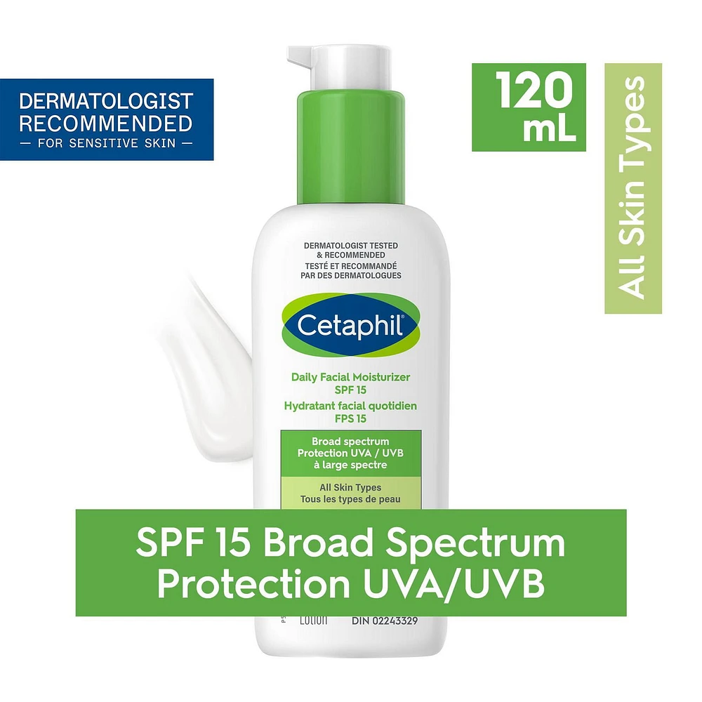 Hydratant facial quotidien Cetaphil FPS 15 | Hydratant léger pour le visage avec protection à large spectre | Sans huile, ni parfum, ni parabènes | Non comédogène | Recommandé par les dermatologues 120 ml