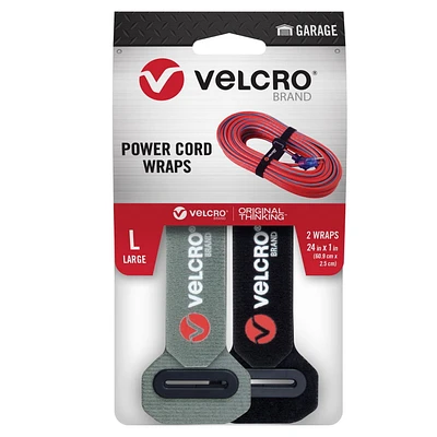 VELCRO Brand Power Cord Wraps 24in x 1in. black and grey with black slotted grommet. 2ct. 6/24, Unravel prevention for power cords, cables, etc.