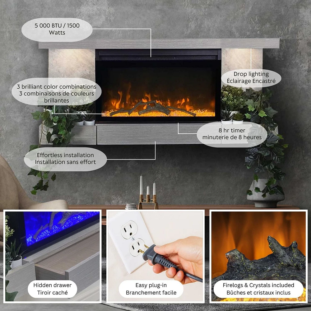 Electric Fireplace Floating Mantel Shelf with Lighting, Urban Cement