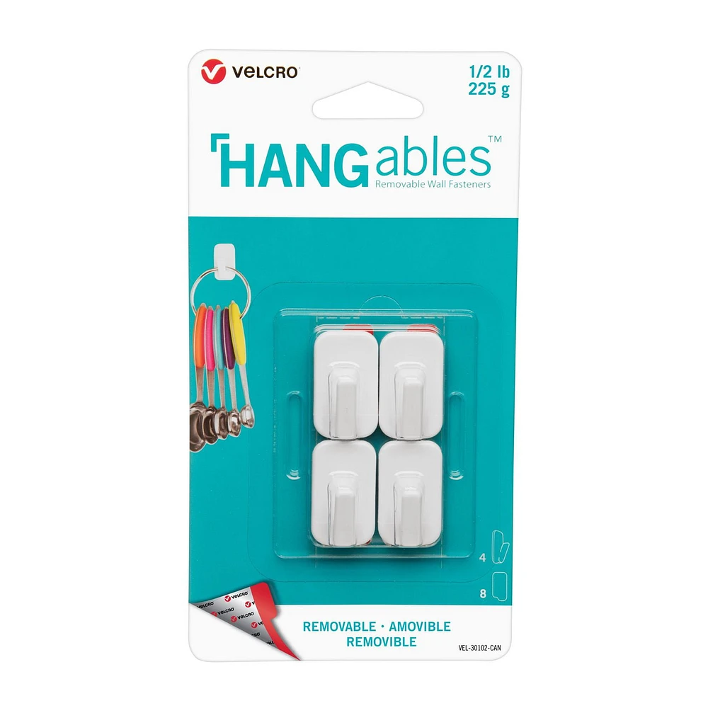 VELCRO BRAND HANGables Removable Micro Hook 1/2lb. white. 4 ct., VELCRO® Hangables® work on most smooth surfaces.