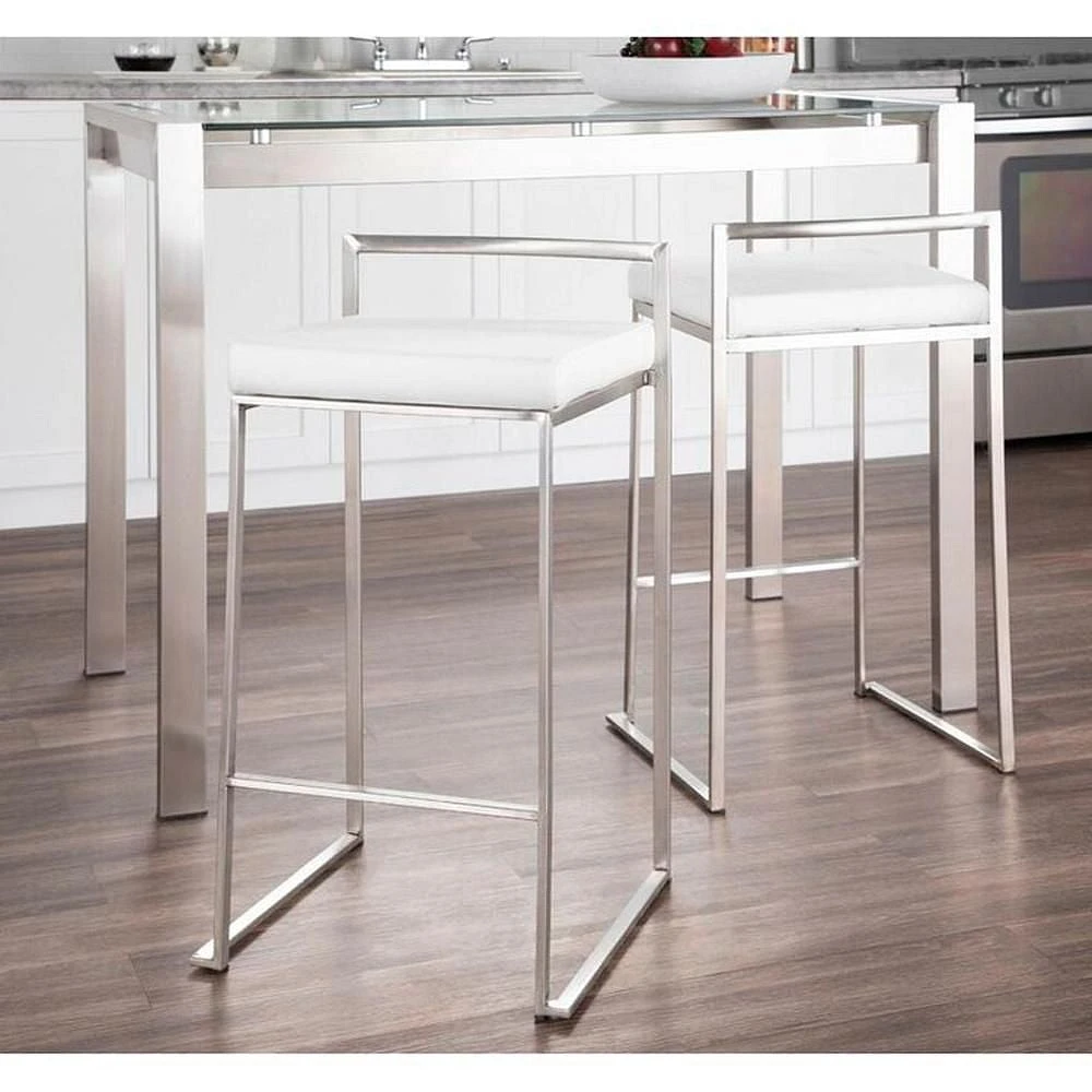 Heavenly Collection White PU Stool, White Bar Stool, White PU Bar Stool, PU Bar Stool with Chrome Finish, White Stool with Stainless Steel Frame, Low Back PU Bar Stool, Kitchen Stool, Island Stool, Indoor Stool - Set 2