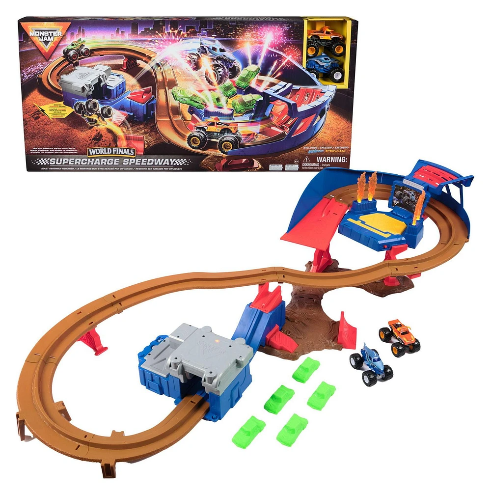 Monster Jam, Supercharge Speedway Playset, Includes Megalodon and El Toro Loco 1:64 Scale Die-Cast Monster Trucks, Light Up Monster Jam World Finals Track Kids Toys for Boys Ages 3 4 5 6+, Supercharge Speedway