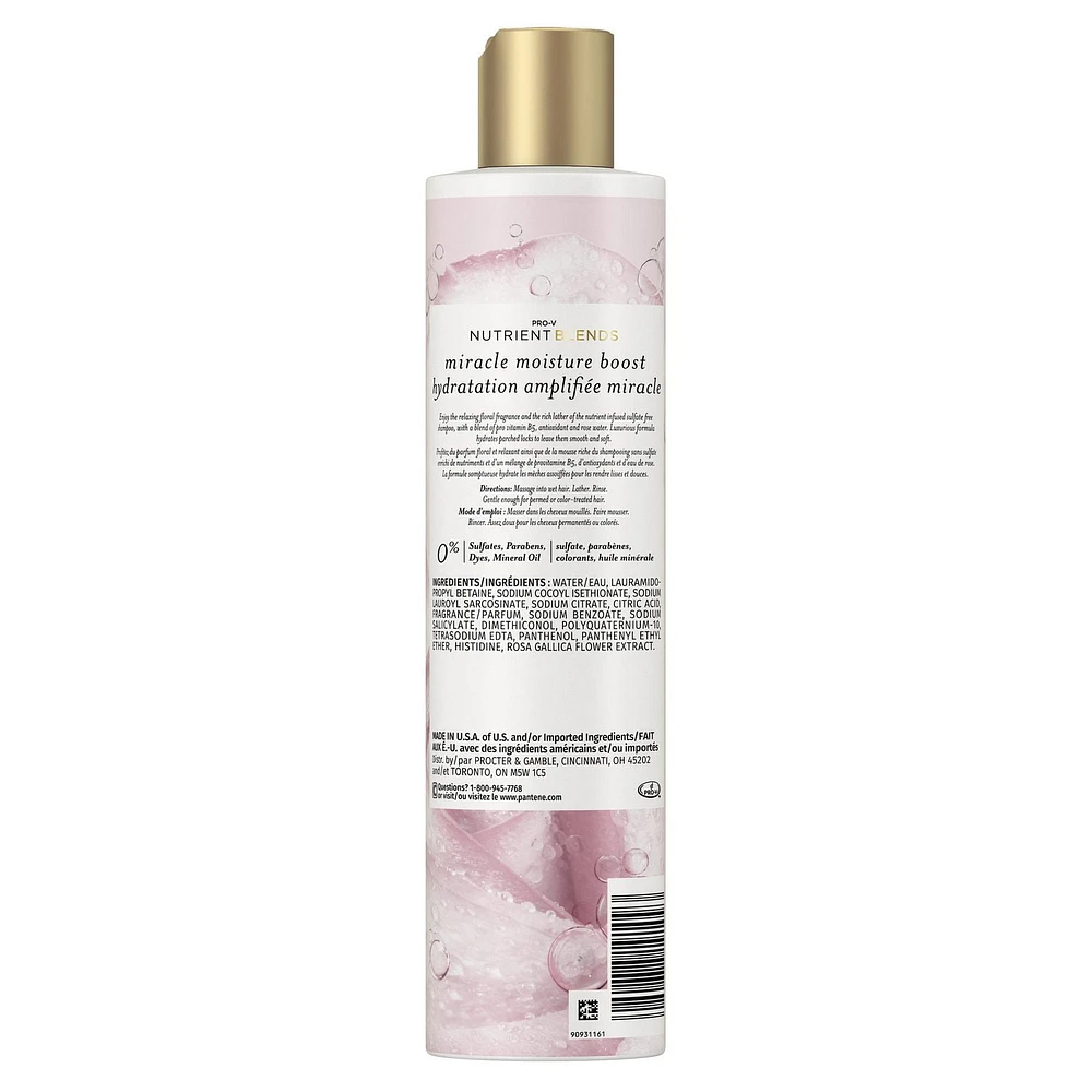 Shampooing hydratation amplifiée miracle Pantene Nutrient Blends avec eau de rose pour les cheveux secs, sans sulfate 285 ml
