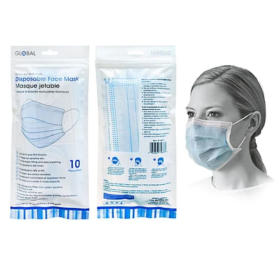 10 Masques faciaux jetables – à 3 plis, bleu