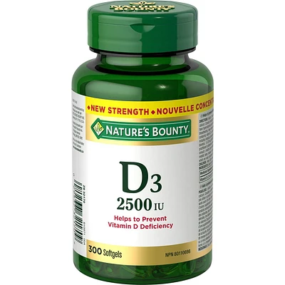 NATURE'S BOUNTY Vitamin D3, 2500 IU, Helps To Prevent Vitamin D Deficiency, Gluten-free, Dairy-free, Adults 18 And Older, 300 Softgels 300.0 count, 300 Softgels