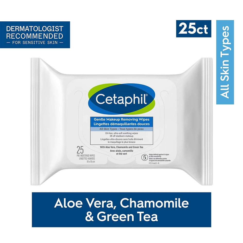 Cetaphil Gentle Makeup Removing Wipes | With Aloe Vera, Chamomile and Green Tea | For Sensitive Skin | Fragrance-Free, 25 Wipes