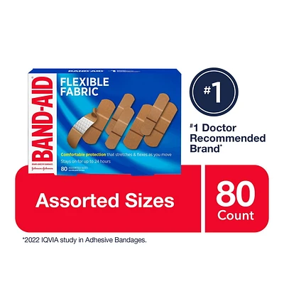 Pansements Band-Aid en tissu, emballage écono, formats assortis (petits et réguliers) 80 unités