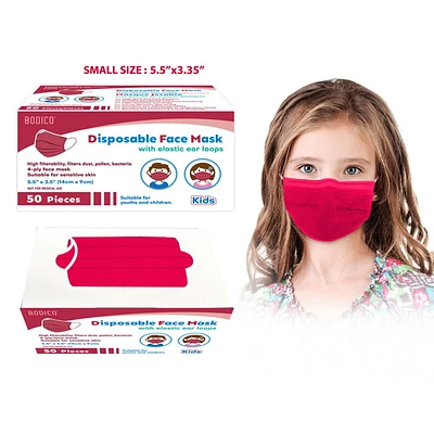 50-Piece 4-Ply Disposable Red Kids Face Masks