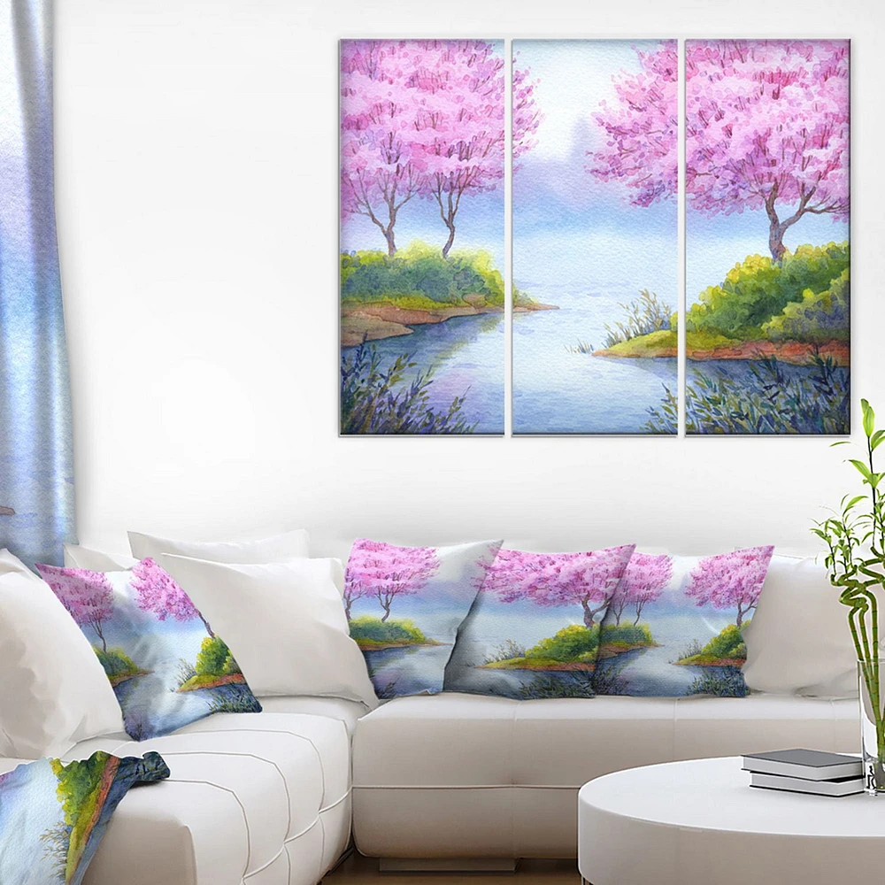 Design Art Flowering Trees over Lake Canvas Print