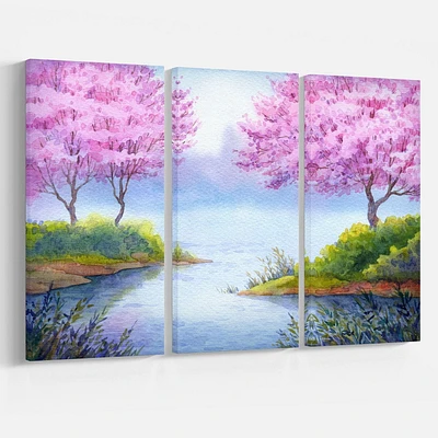 Design Art Flowering Trees over Lake Canvas Print