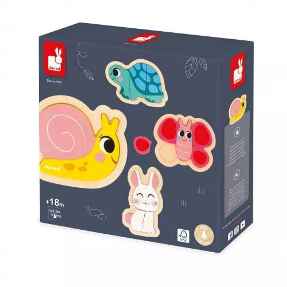 Janod - 4 wooden puzzles with 2 to 5 pieces - puzzle on the theme of garden animals - children's toys - educational games - baby and toddler toys from 18 months