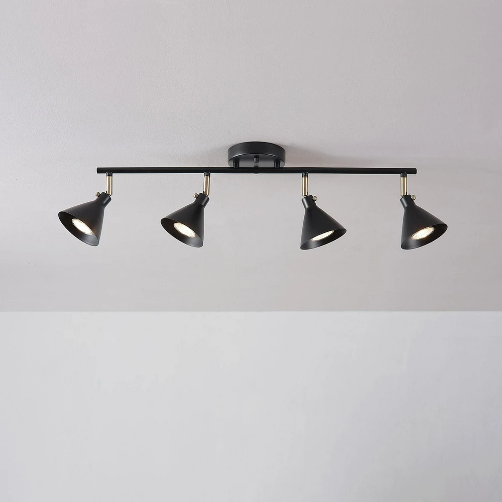 Tristan 4-Light Track Lighting, Matte Black, Matte Brass Accents