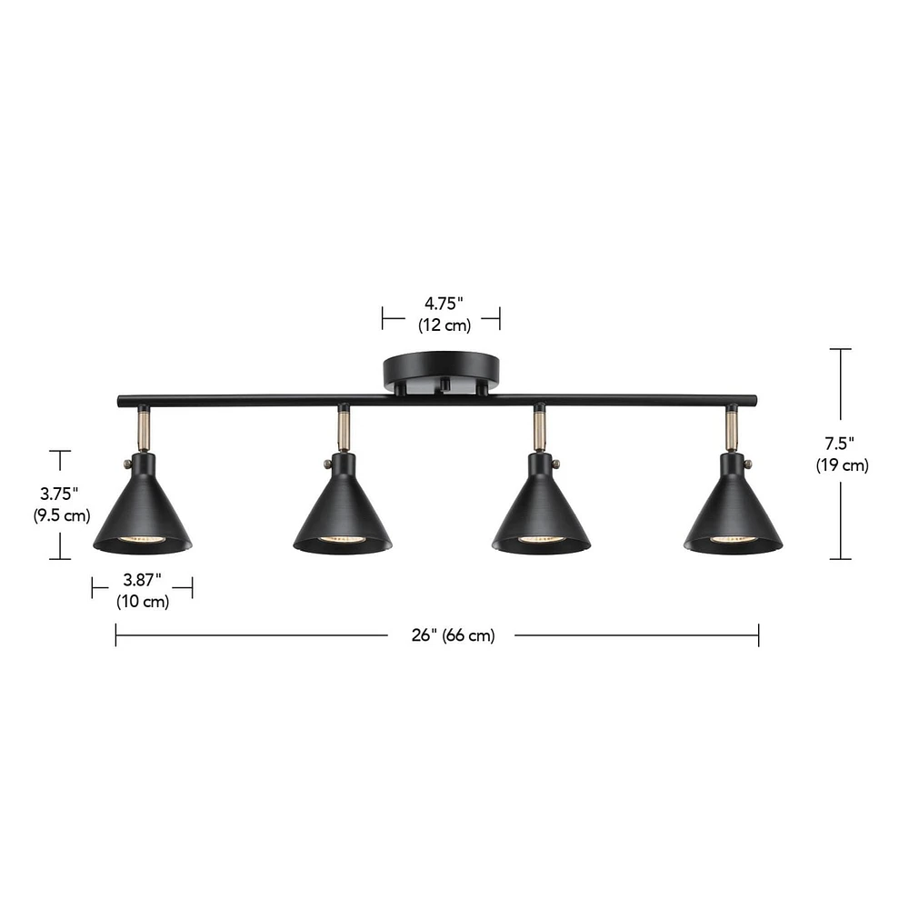 Tristan 4-Light Track Lighting, Matte Black, Matte Brass Accents