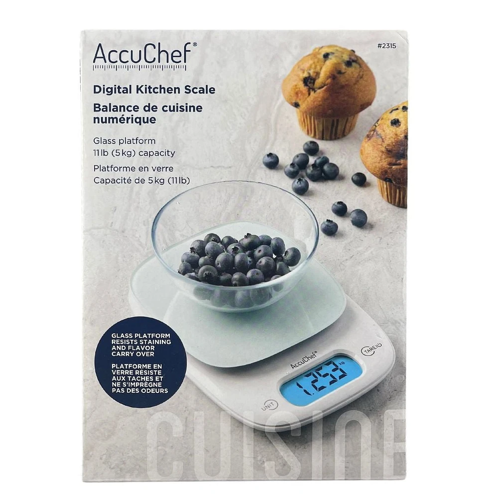 AccuChef Digital Kitchen Scale with Tempered Glass Platform, White, Model 2315, 11lb (5kg) Capacity