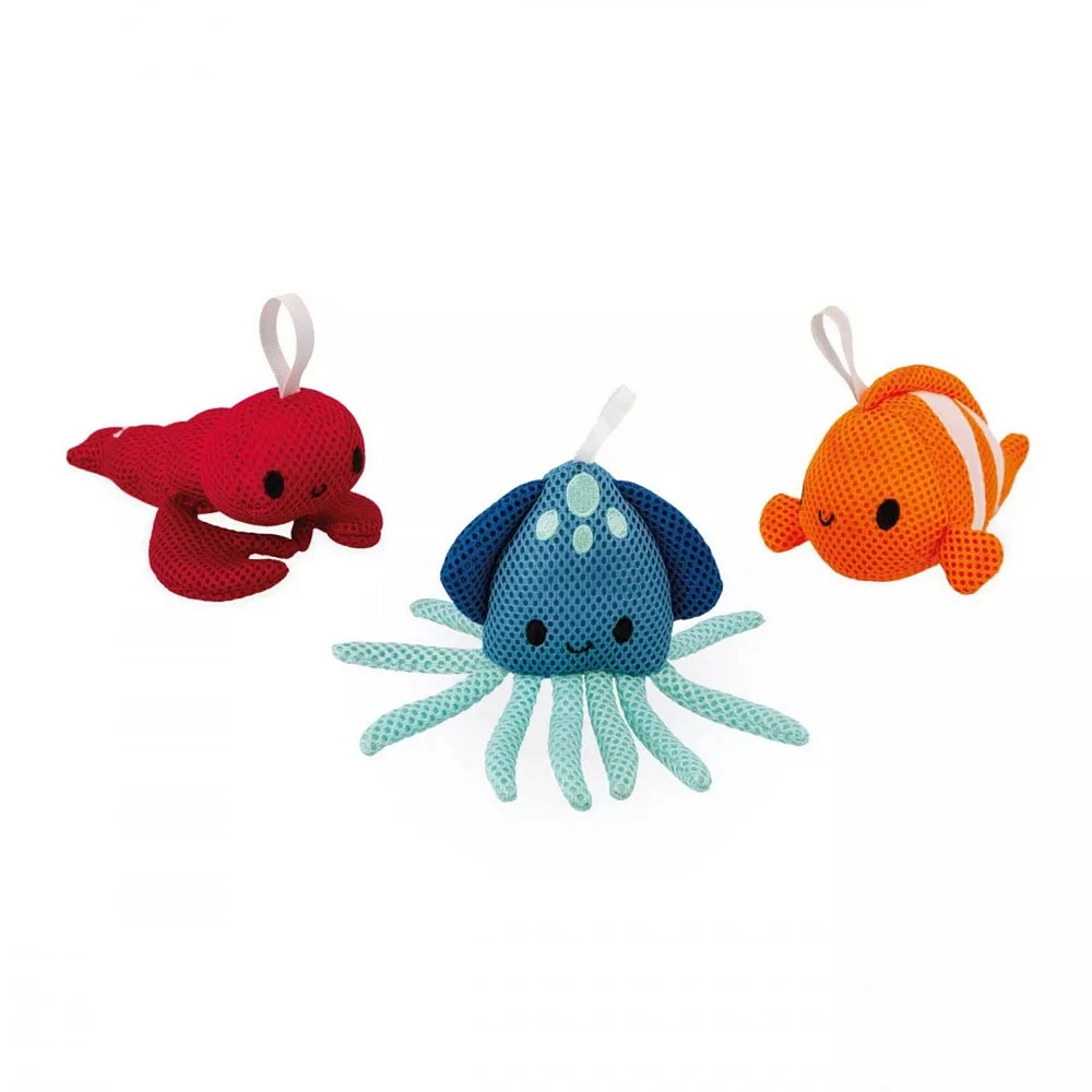 Janod - Set of 3 Seafoam Paddlers - Clownfish Squid and Lobster Bubbler -  Bathtime toys - Discovery and Early-Development - For Boys and Girls - From 10 Months + - Multilingual