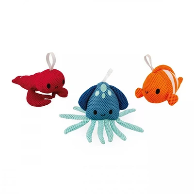 Janod - Set of 3 Seafoam Paddlers - Clownfish Squid and Lobster Bubbler -  Bathtime toys - Discovery and Early-Development - For Boys and Girls - From 10 Months + - Multilingual