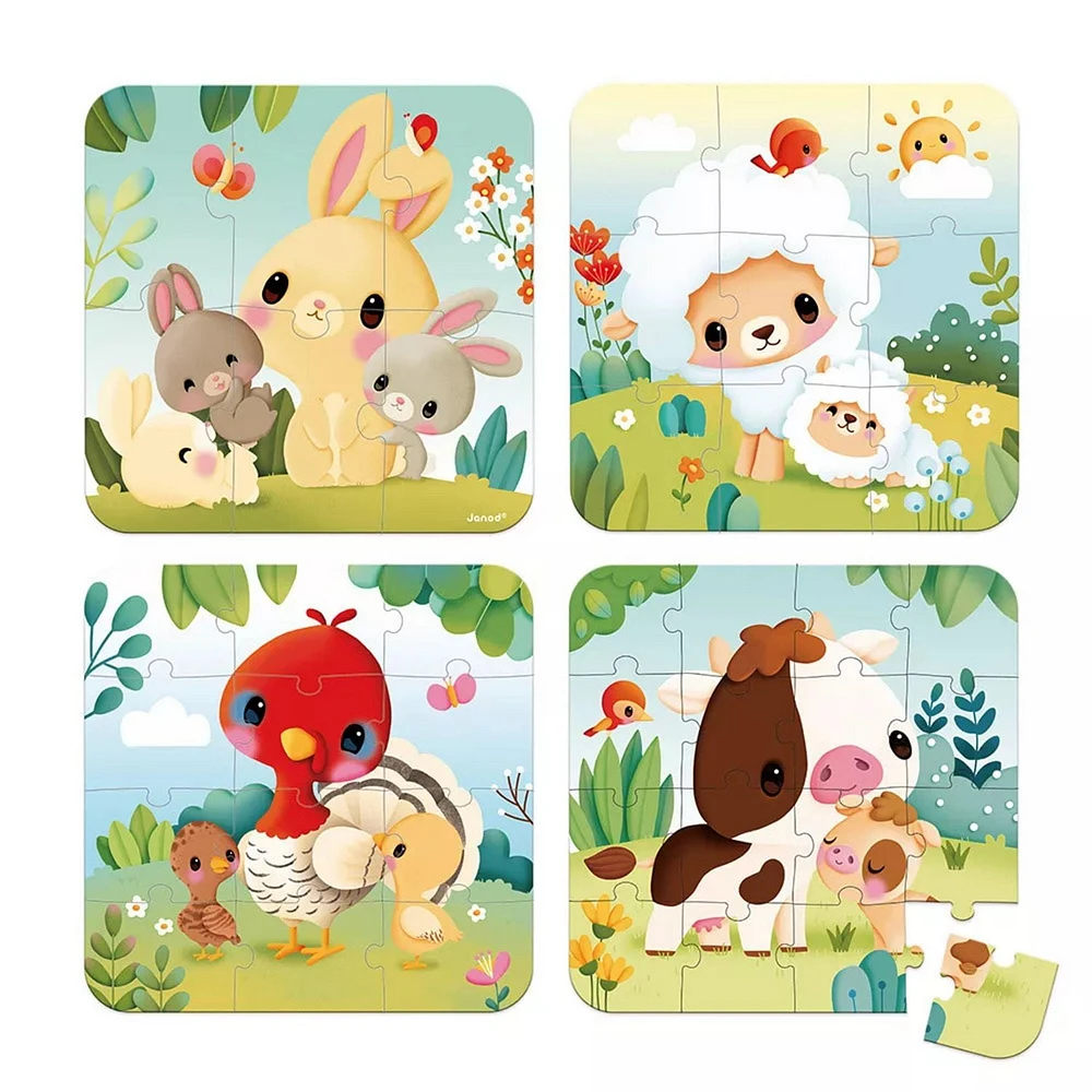 Janod - 4 Puzzles à Difficulté Progressive - Ferme - 6, 9, 12, 16 Pièces - Taille 20 x 20 cm - Apprentissage Précoce - Compétences Motrices Fines - Pour Enfants à partir de 18 Mois + - Multilingue - J03327
