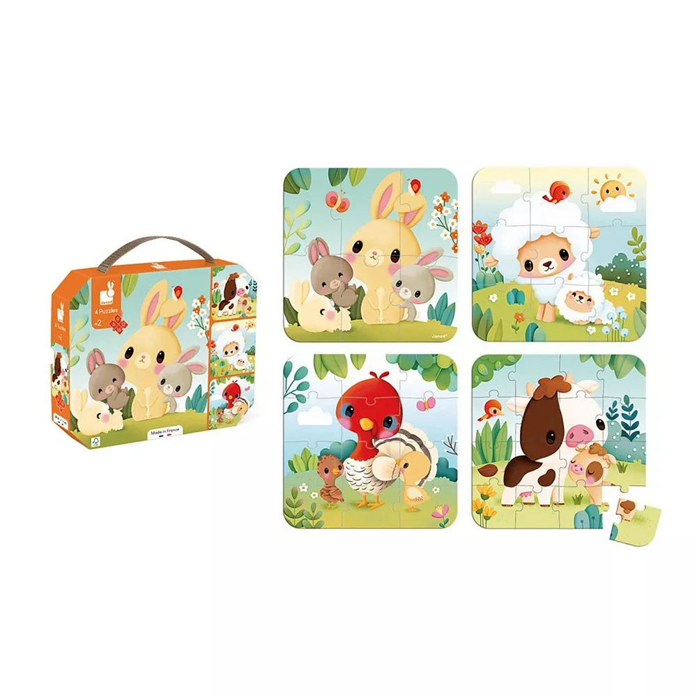 Janod - 4 Puzzles à Difficulté Progressive - Ferme - 6, 9, 12, 16 Pièces - Taille 20 x 20 cm - Apprentissage Précoce - Compétences Motrices Fines - Pour Enfants à partir de 18 Mois + - Multilingue - J03327