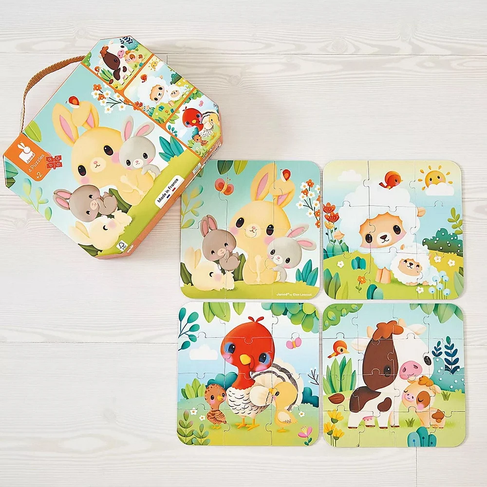 Janod - 4 Puzzles à Difficulté Progressive - Ferme - 6, 9, 12, 16 Pièces - Taille 20 x 20 cm - Apprentissage Précoce - Compétences Motrices Fines - Pour Enfants à partir de 18 Mois + - Multilingue - J03327