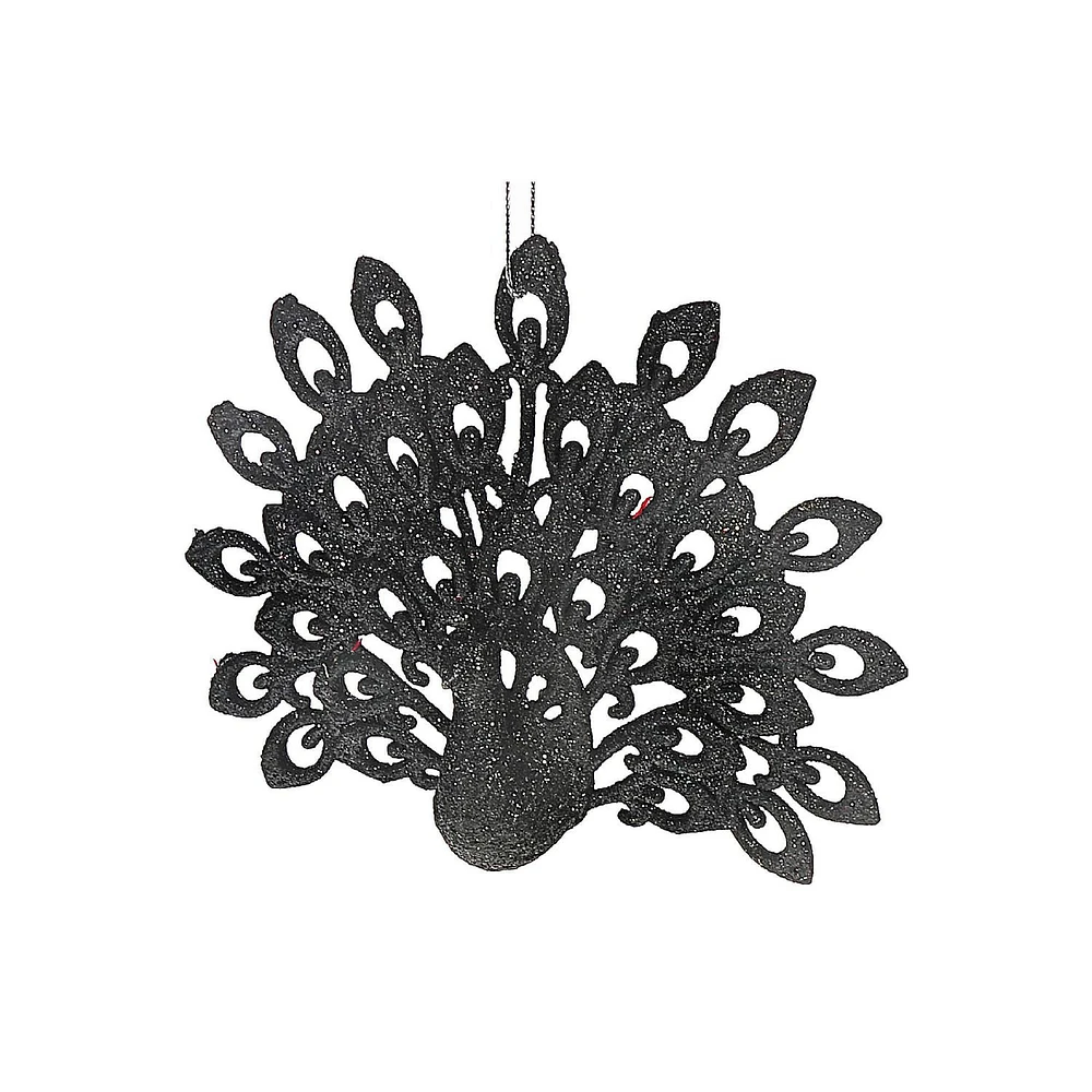 Christmas Black Glitter Ornament Peacock - Set of 12