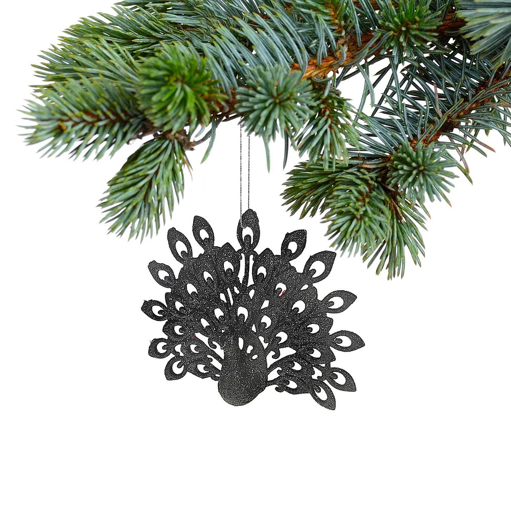 Christmas Black Glitter Ornament Peacock - Set of 12