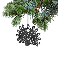 Christmas Black Glitter Ornament Peacock - Set of 12